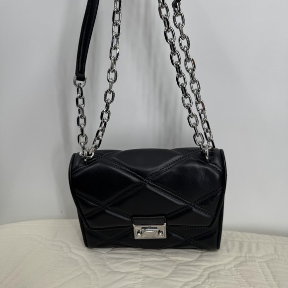 Michael Kors Serena Shoulder Bag Womens Black Quilted Vegan Chain Crossbody - Picture 3 of 14